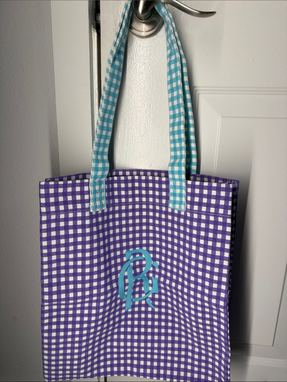 Purple Gingham Tote Bag with Aqua Handles Roger & Gallet